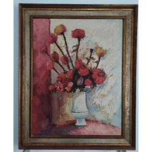 Bouquet De Fleurs Dans Vase Blanc . Huile Sur Toile Signée M.ballister