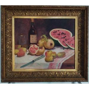 Still Life With Watermelon And Pomegranates. Oil On Canvas.