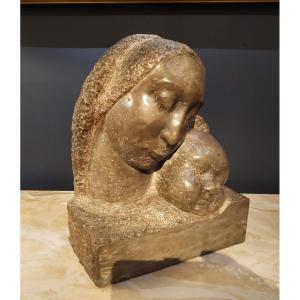Virgin And Child, In Marble, By Alceo Dossena.