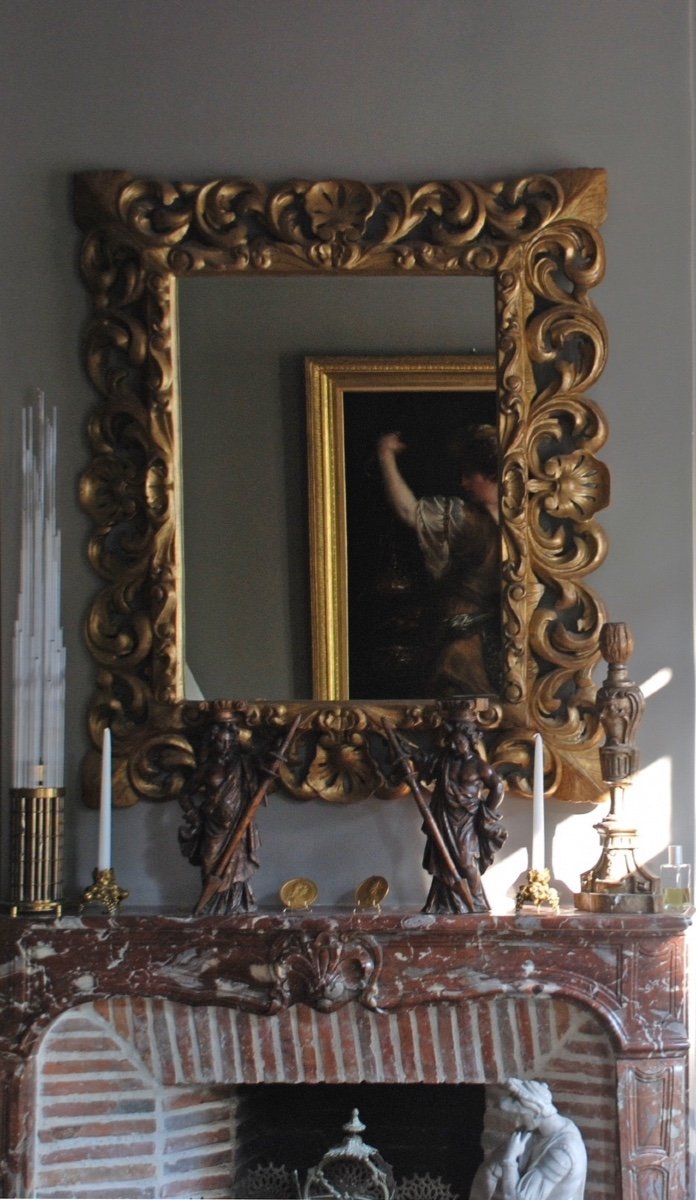 Grand Miroir Italien En Bois Doré Du XIXème Siècle 