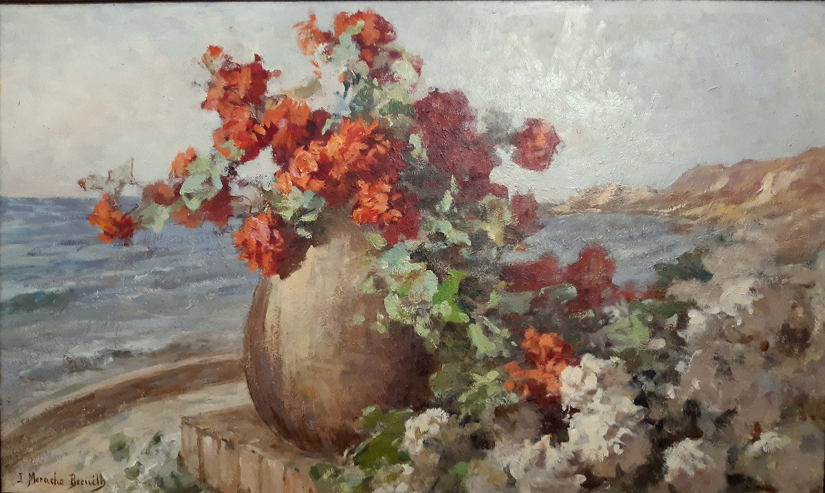 Grande Peinture Bouquet De Fleur Sur Fond De Mer De Jeanne Morache Breuilh (1870-1964) -photo-2