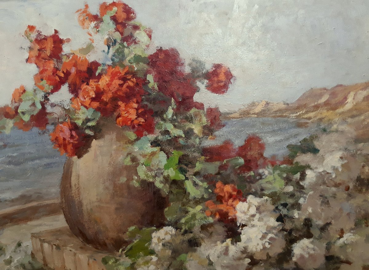 Grande Peinture Bouquet De Fleur Sur Fond De Mer De Jeanne Morache Breuilh (1870-1964) -photo-3