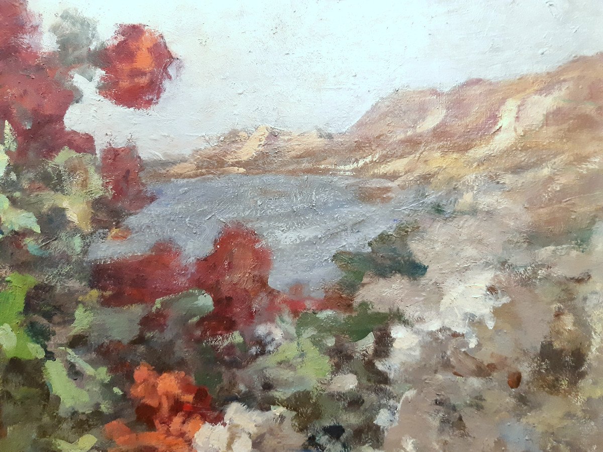 Grande Peinture Bouquet De Fleur Sur Fond De Mer De Jeanne Morache Breuilh (1870-1964) -photo-4