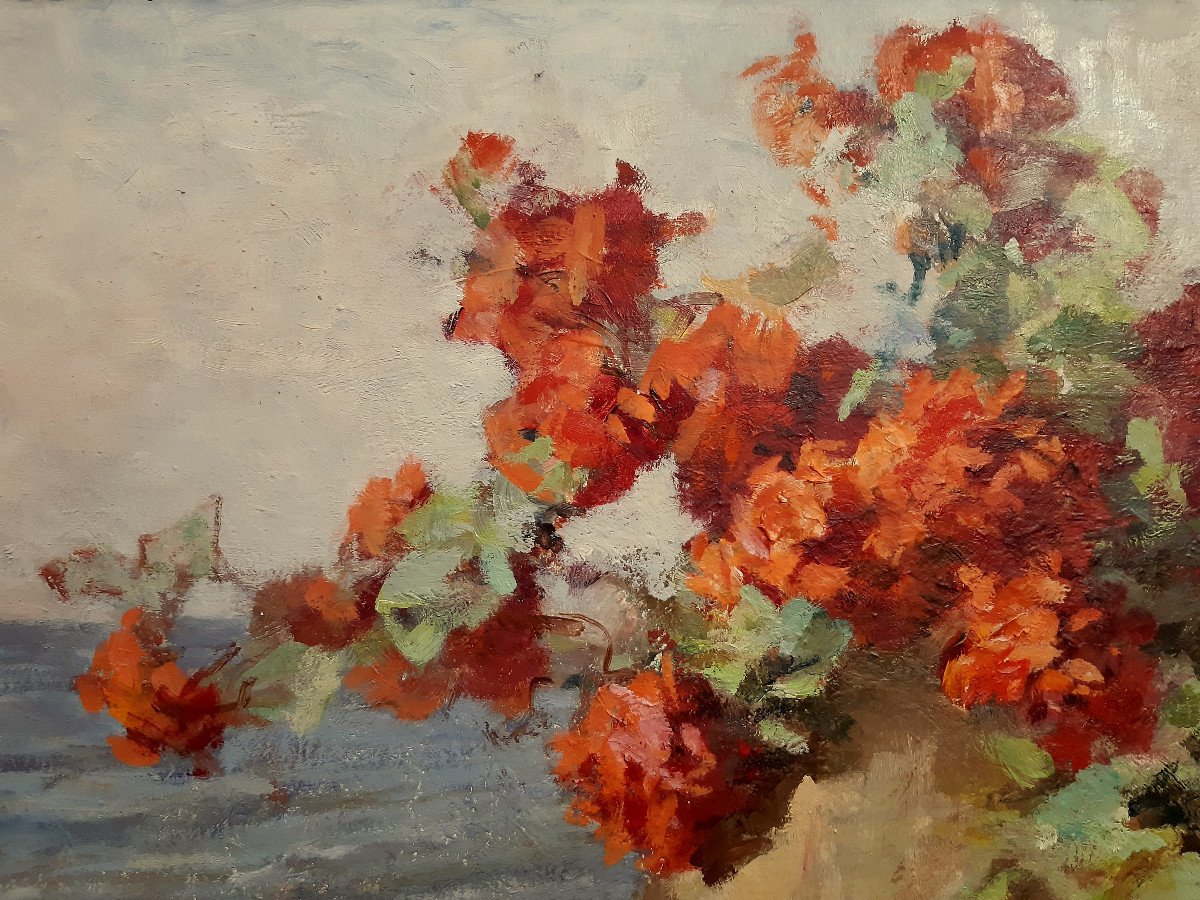 Grande Peinture Bouquet De Fleur Sur Fond De Mer De Jeanne Morache Breuilh (1870-1964) -photo-1