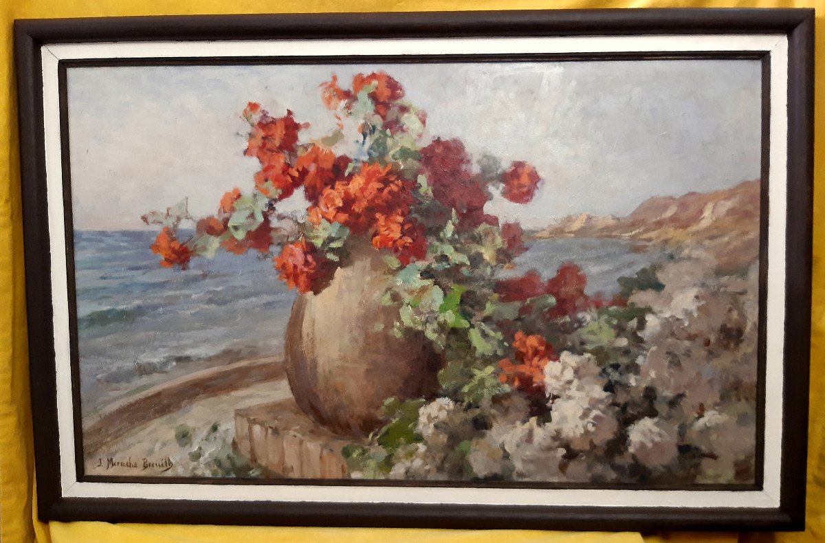 Grande Peinture Bouquet De Fleur Sur Fond De Mer De Jeanne Morache Breuilh (1870-1964) -photo-3