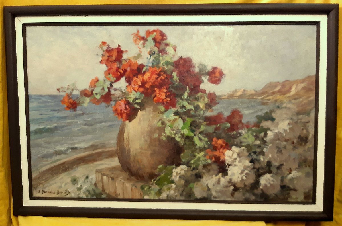 Grande Peinture Bouquet De Fleur Sur Fond De Mer De Jeanne Morache Breuilh (1870-1964) 