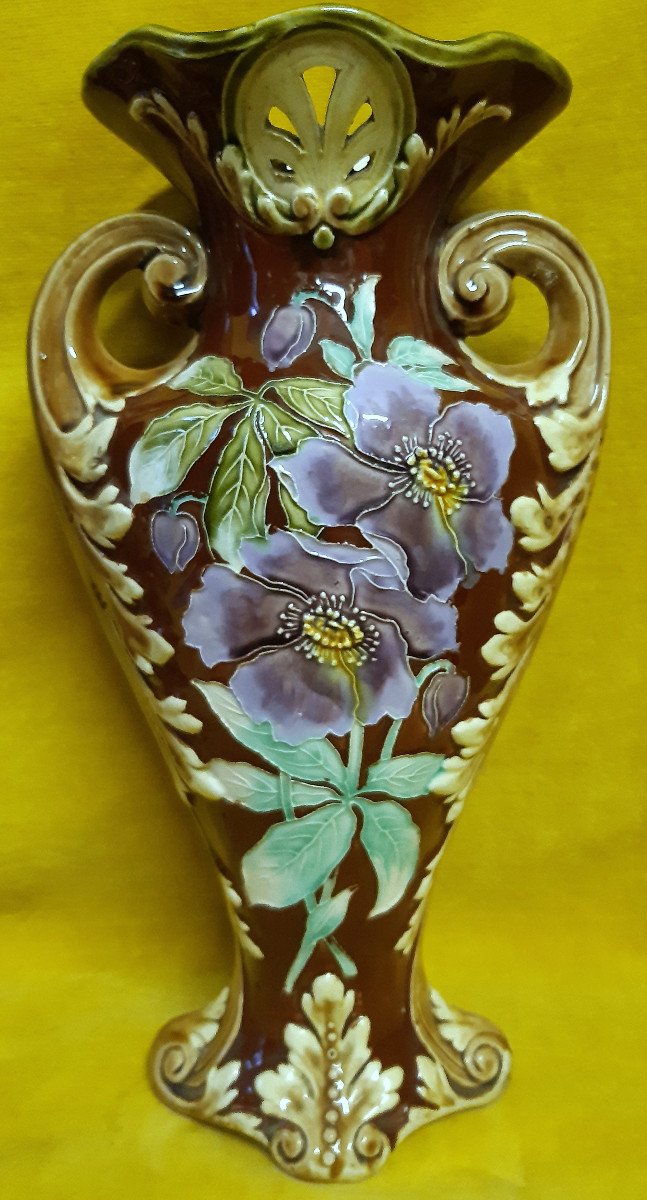 2 Grands Vases Barbotines Majolique  Art Nouveaux Décor Fleur Style Cloisonné 1900-photo-3