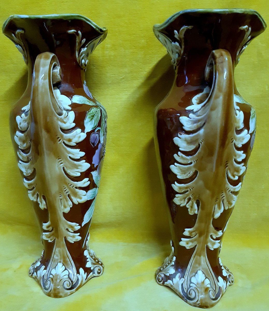 2 Grands Vases Barbotines Majolique  Art Nouveaux Décor Fleur Style Cloisonné 1900-photo-4