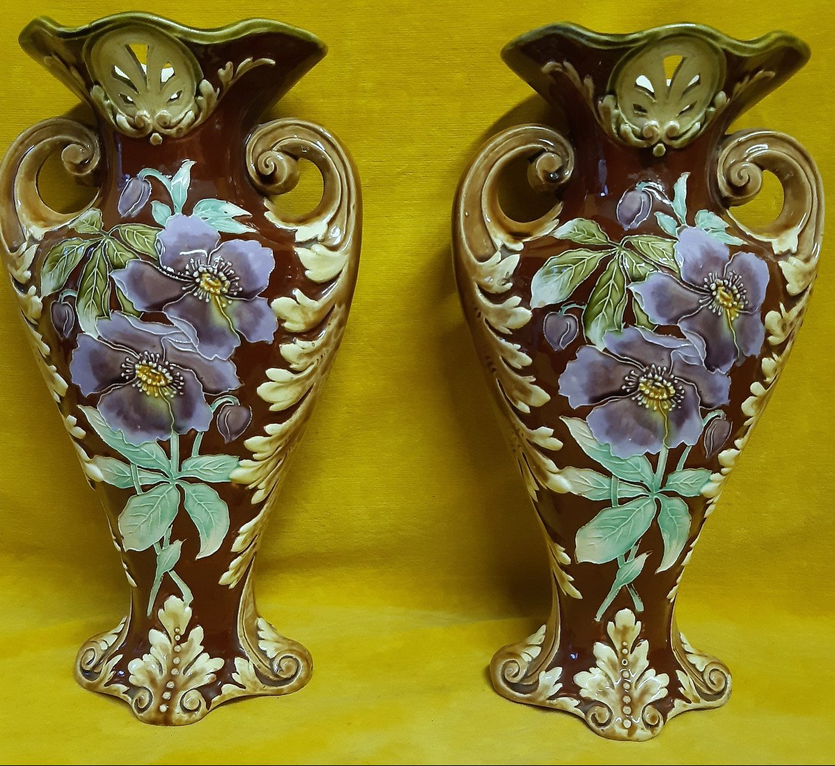 2 Grands Vases Barbotines Majolique  Art Nouveaux Décor Fleur Style Cloisonné 1900
