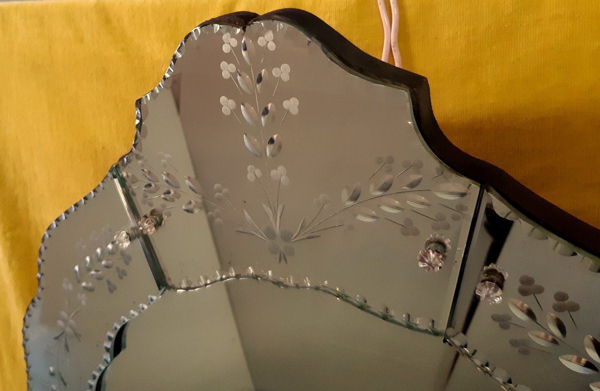 Grande Glace Miroir Vénitien Murano Ovale à Fronton  Style Lxv à Parclose Fleurs Gravées -photo-3