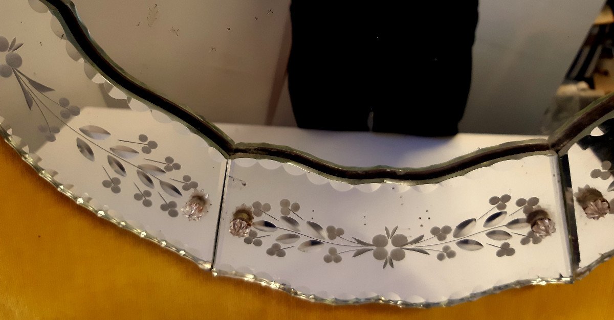 Grande Glace Miroir Vénitien Murano Ovale à Fronton  Style Lxv à Parclose Fleurs Gravées -photo-1
