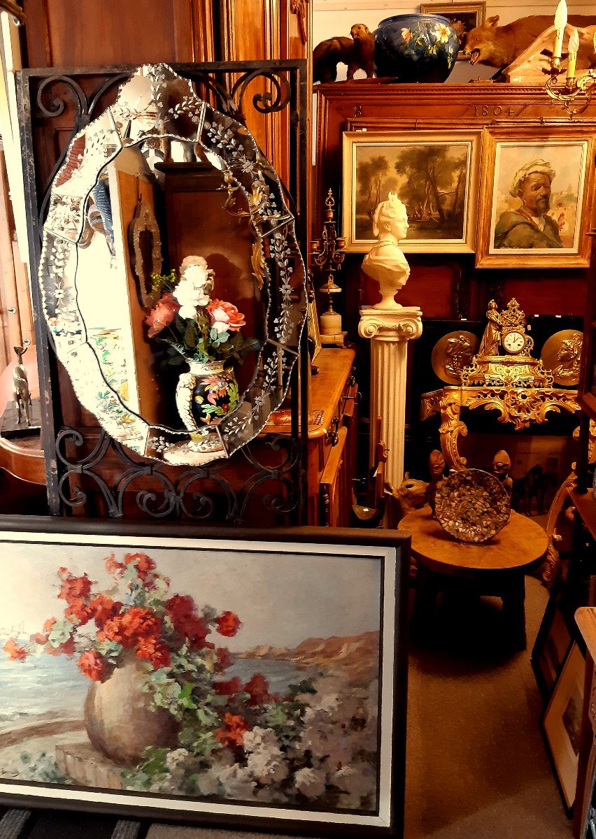 Grande Glace Miroir Vénitien Murano Ovale à Fronton  Style Lxv à Parclose Fleurs Gravées -photo-4