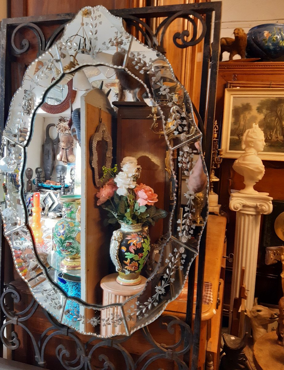 Grande Glace Miroir Vénitien Murano Ovale à Fronton  Style Lxv à Parclose Fleurs Gravées -photo-5