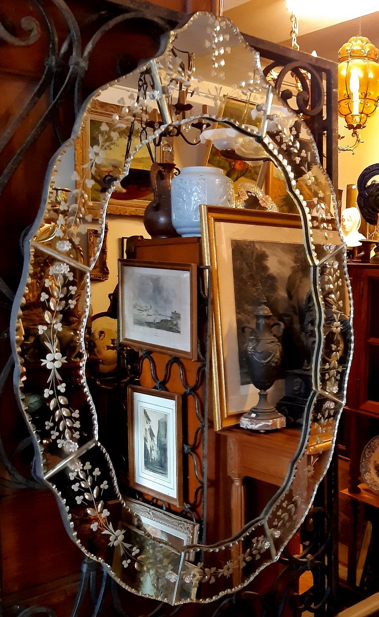 Grande Glace Miroir Vénitien Murano Ovale à Fronton  Style Lxv à Parclose Fleurs Gravées -photo-6