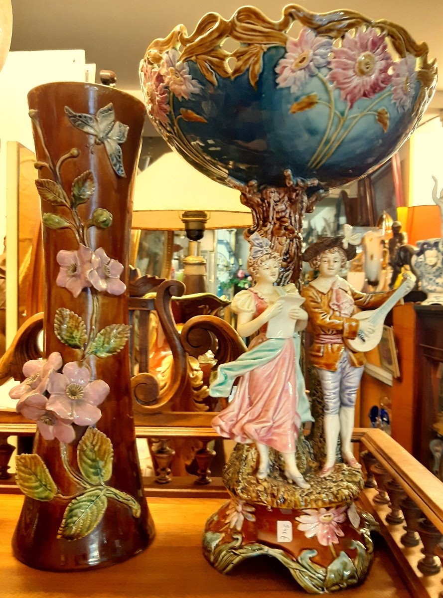 Grand Vase Tube Diabolo Barbotine Majolique Fleurs Et Papillon Art Nouveau 1900-photo-3