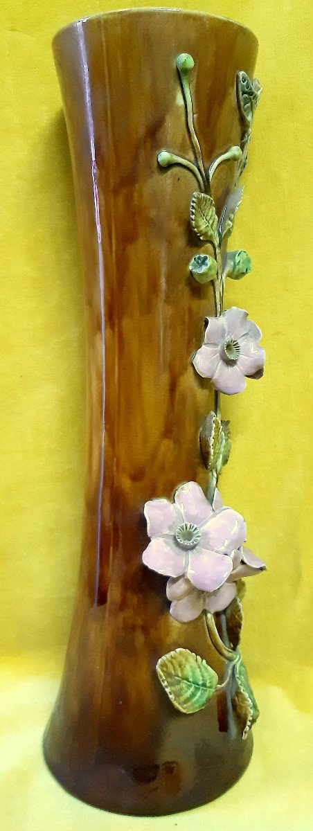 Grand Vase Tube Diabolo Barbotine Majolique Fleurs Et Papillon Art Nouveau 1900-photo-6