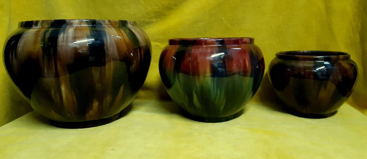 Lot  3 Caches Pots Vases Boules En Terres Cuites Vernissées De J Massier (1850-1916) Vallauris 