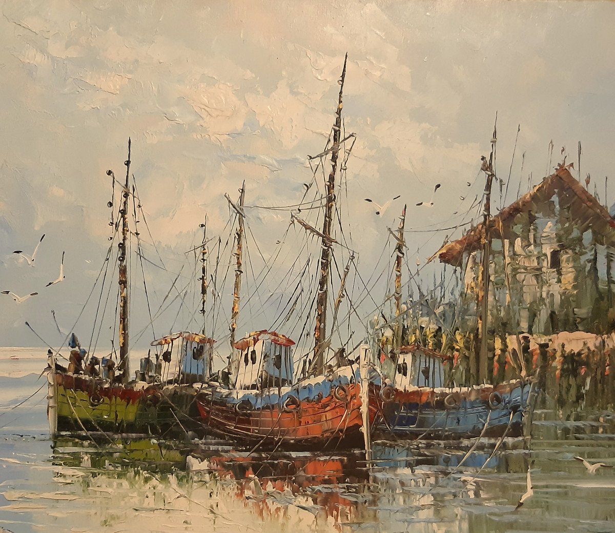 Large Marine Painting Fishing Boats Trawlers At The Port Of W.jones Twentieth-photo-2