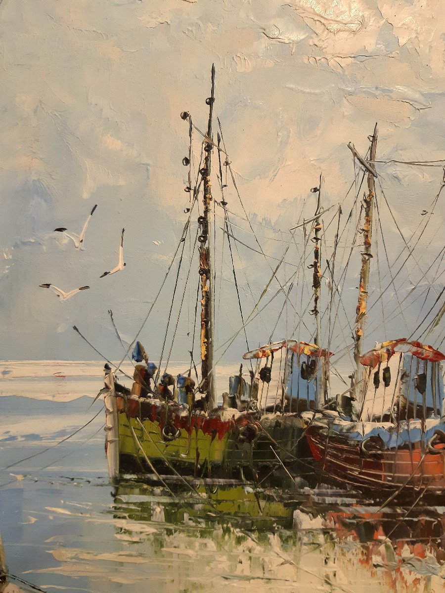 Large Marine Painting Fishing Boats Trawlers At The Port Of W.jones Twentieth-photo-4