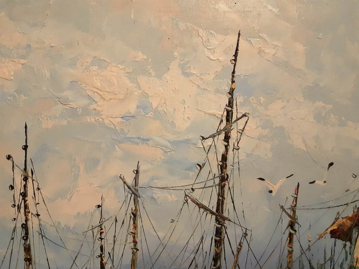 Large Marine Painting Fishing Boats Trawlers At The Port Of W.jones Twentieth-photo-2