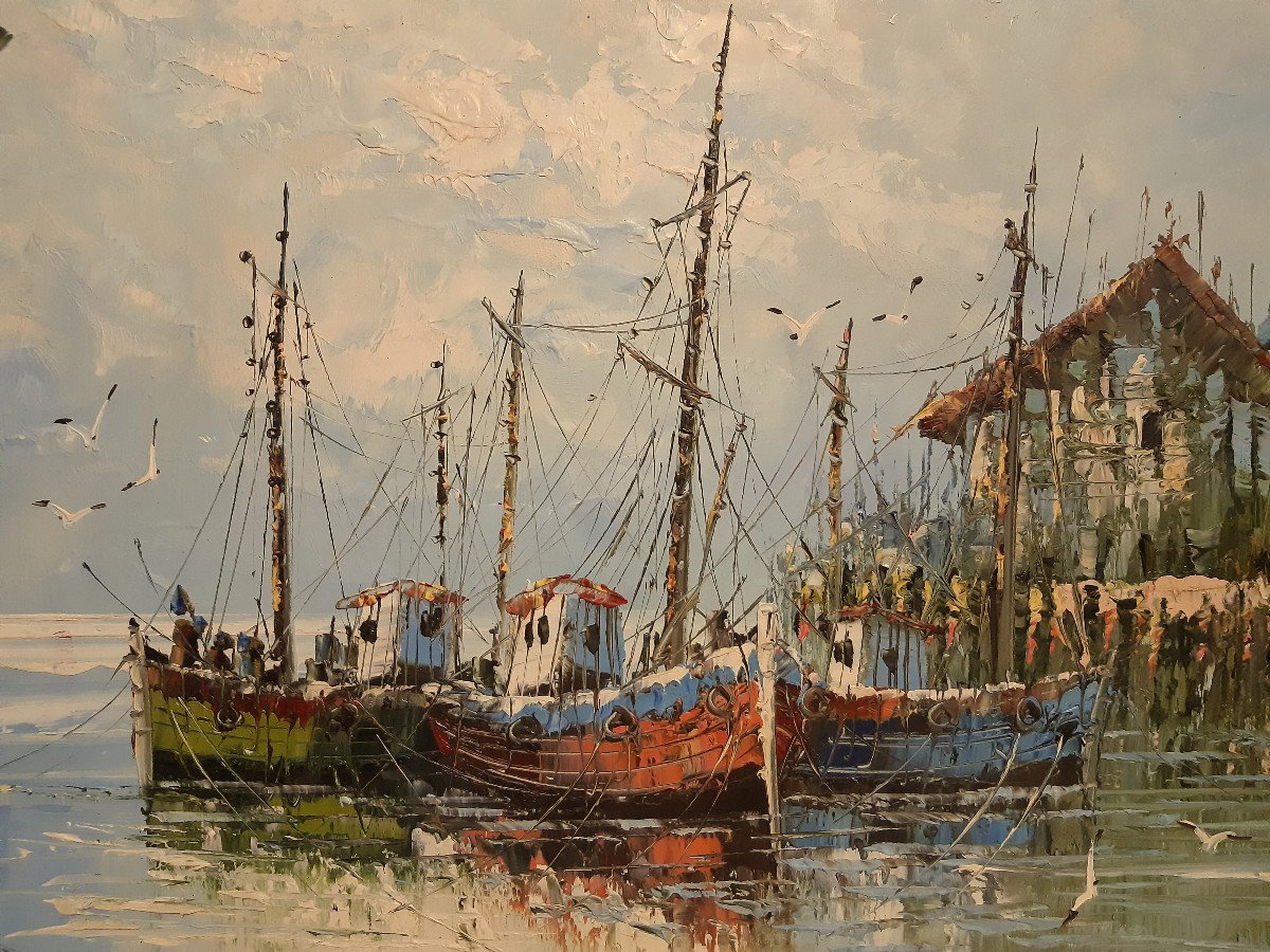 Large Marine Painting Fishing Boats Trawlers At The Port Of W.jones Twentieth-photo-3