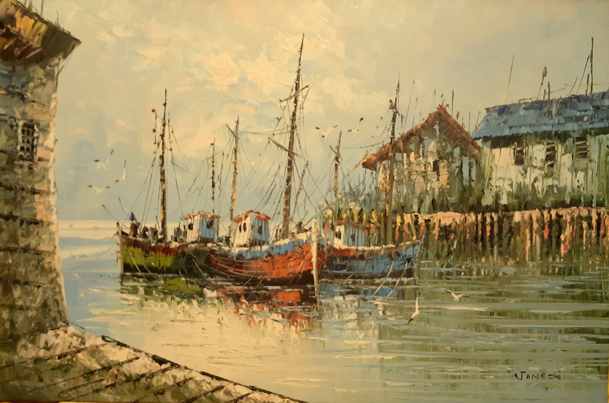 Large Marine Painting Fishing Boats Trawlers At The Port Of W.jones Twentieth