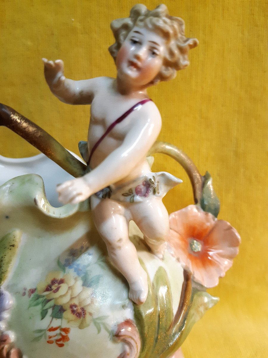 Petite Jardinière Bouquetière Chérubins Et Fleurs Biscuit Art Nouveau 1900-photo-4