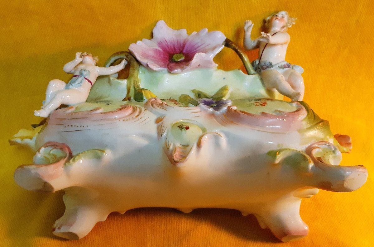Petite Jardinière Bouquetière Chérubins Et Fleurs Biscuit Art Nouveau 1900-photo-2