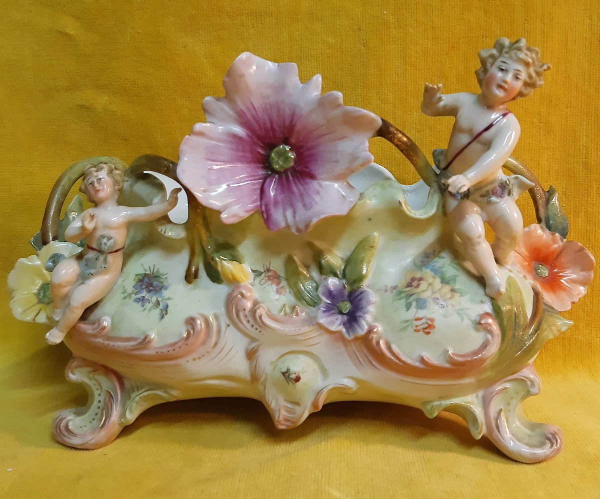 Petite Jardinière Bouquetière Chérubins Et Fleurs Biscuit Art Nouveau 1900-photo-7