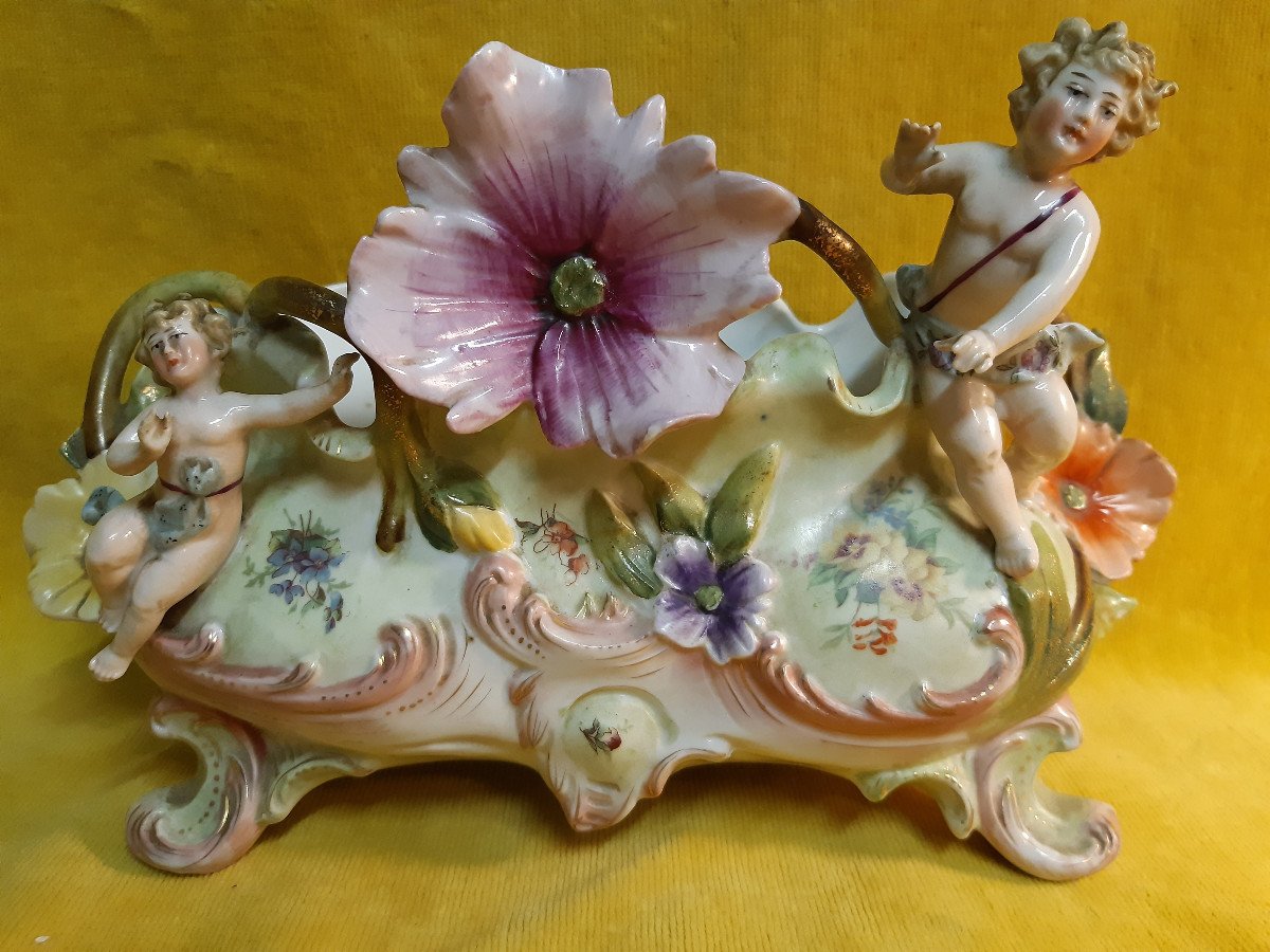 Petite Jardinière Bouquetière Chérubins Et Fleurs Biscuit Art Nouveau 1900