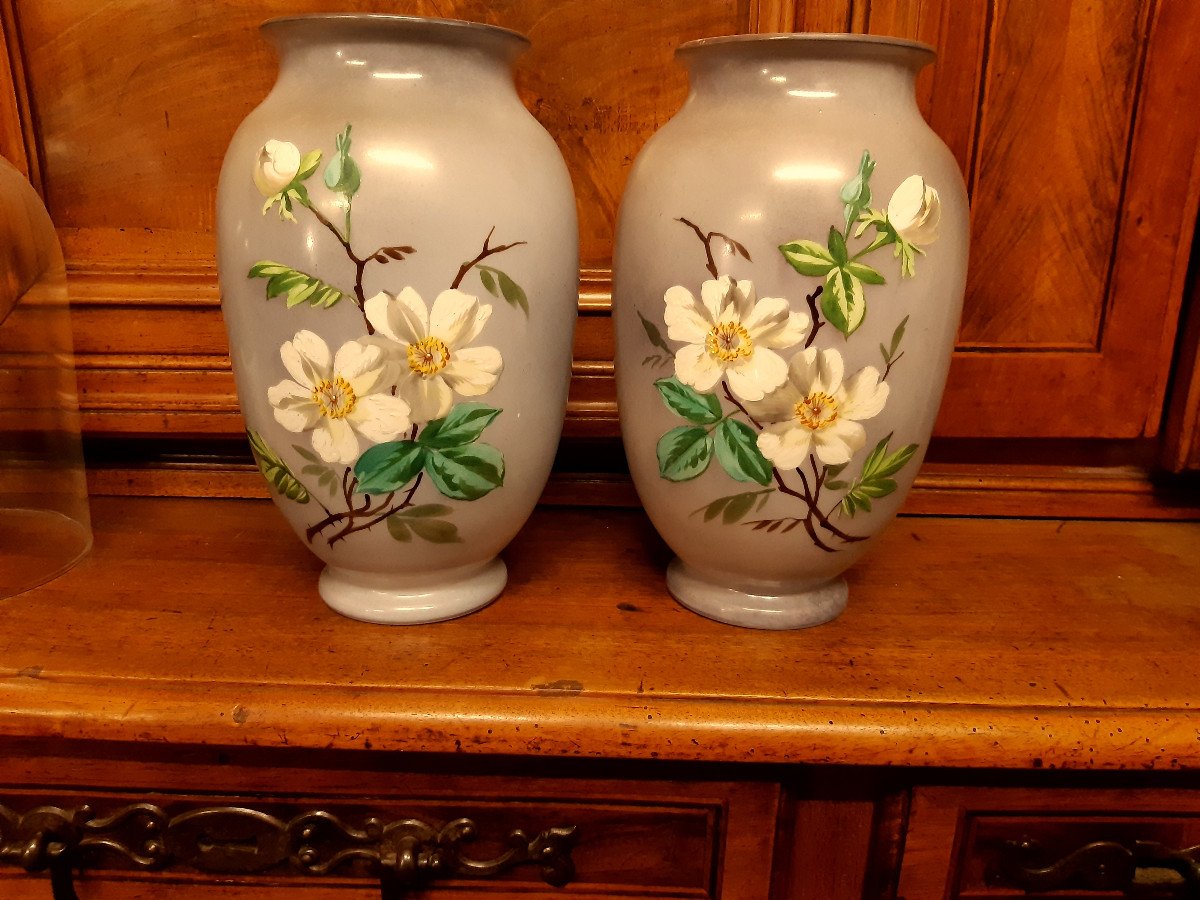 Paire De Vases Opaline Décor Japonisant Fleurs De Cerisier 1900 Art Nouveau-photo-5