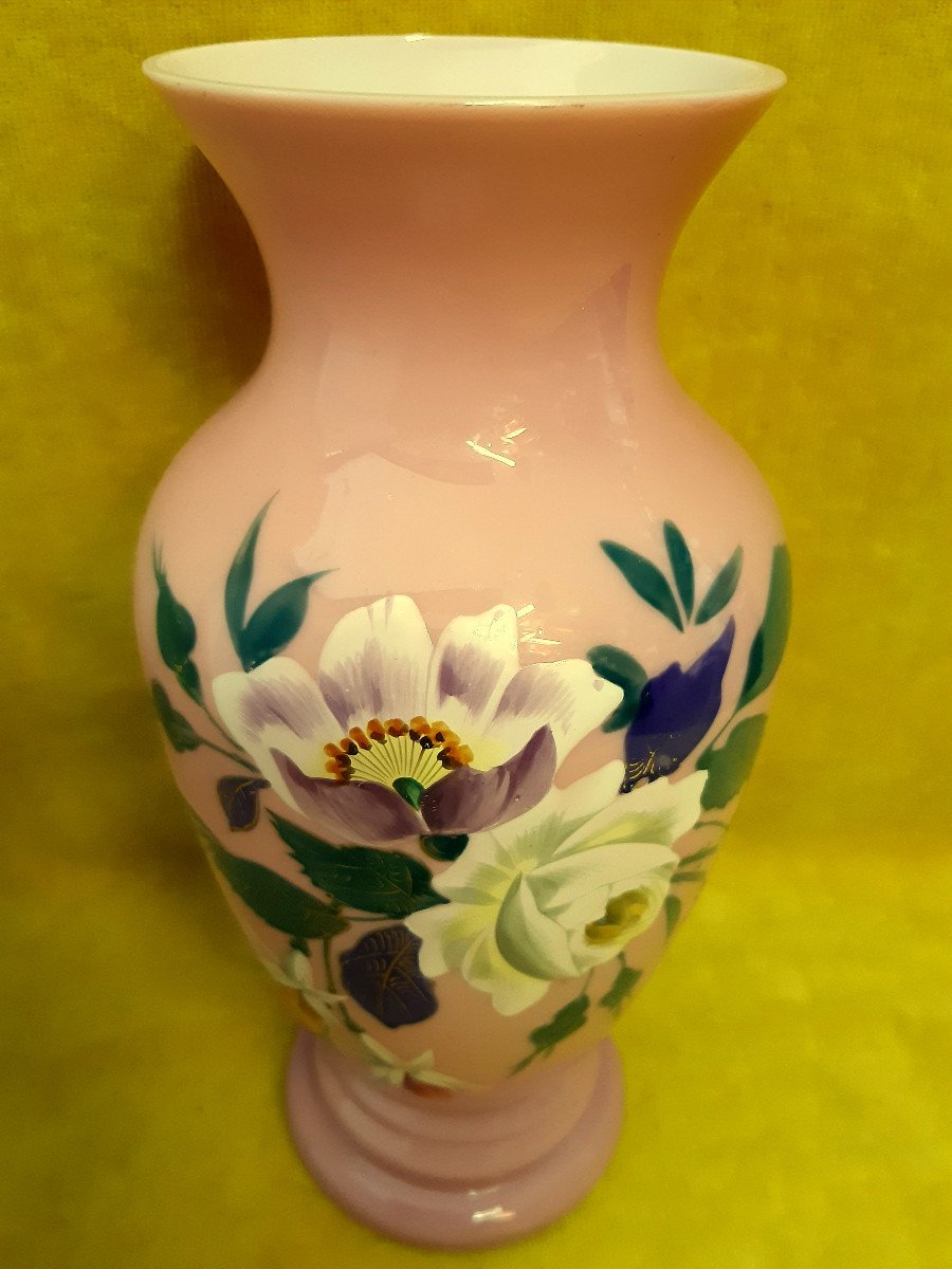 Bright Pink Opaline Vase Decorated With Art Nouveau Enameled Flowers 1900-photo-2