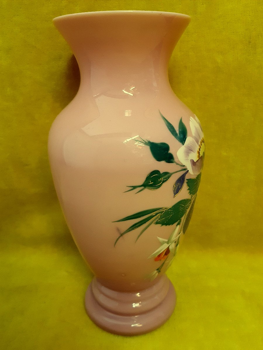 Vase Opaline Rose Vif Décoré De Fleurs émaillées Art Nouveau 1900-photo-3