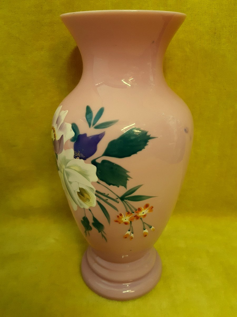 Bright Pink Opaline Vase Decorated With Art Nouveau Enameled Flowers 1900-photo-4