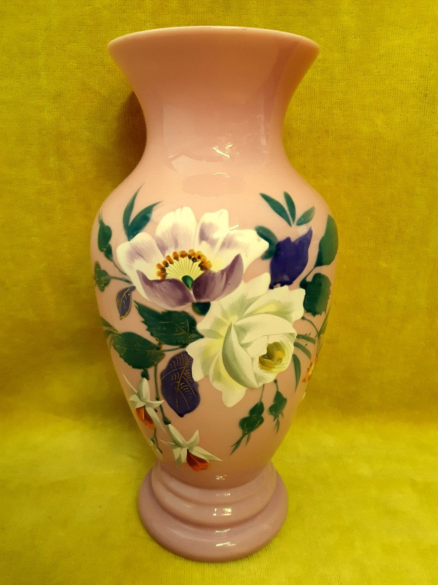 Bright Pink Opaline Vase Decorated With Art Nouveau Enameled Flowers 1900