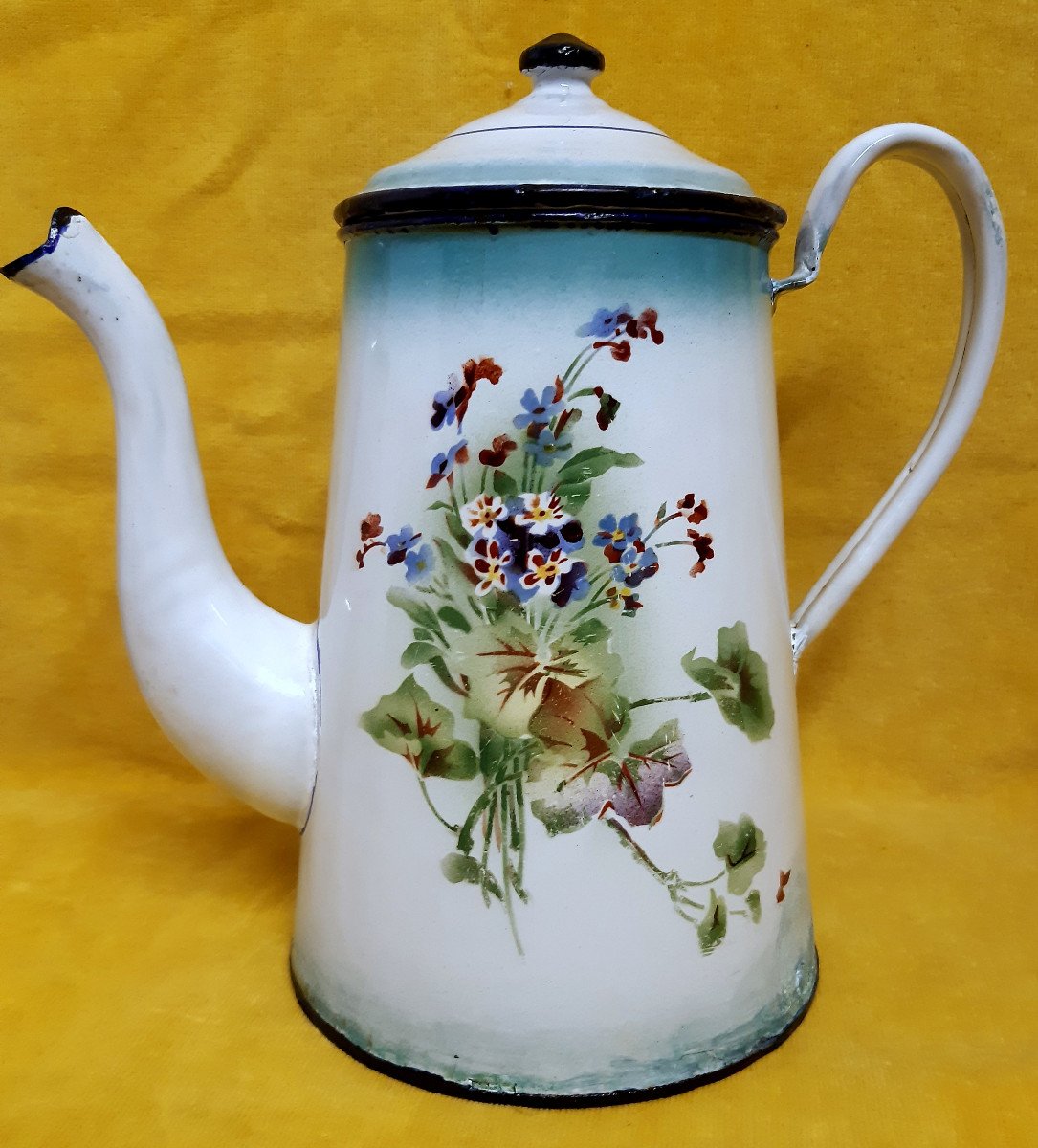 Enameled Metal Teapot Coffee Pot Decor Flowers Folk Art 1900 Art Nouveau-photo-4