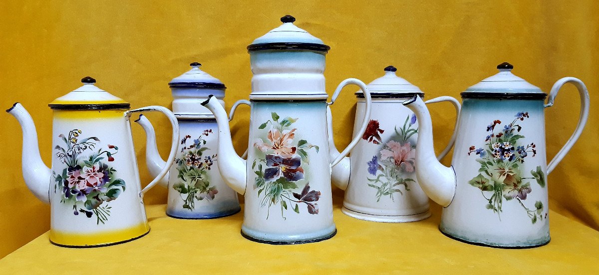 Enameled Metal Teapot Coffee Pot Decor Flowers Folk Art 1900 Art Nouveau