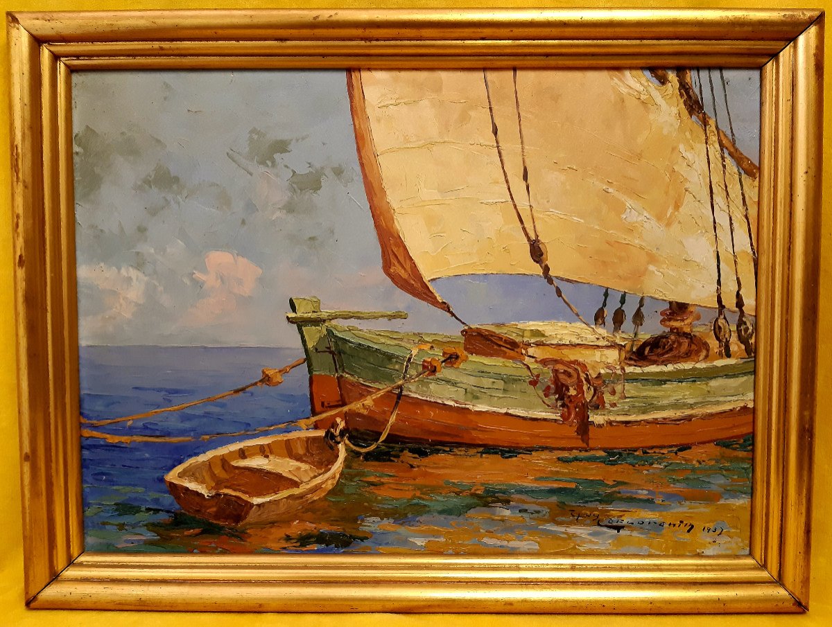 Bateau De Pèche Méditéranéen Et Sa Chaloupe  de Guy Le Florentin (1907-1978) peint en 1937