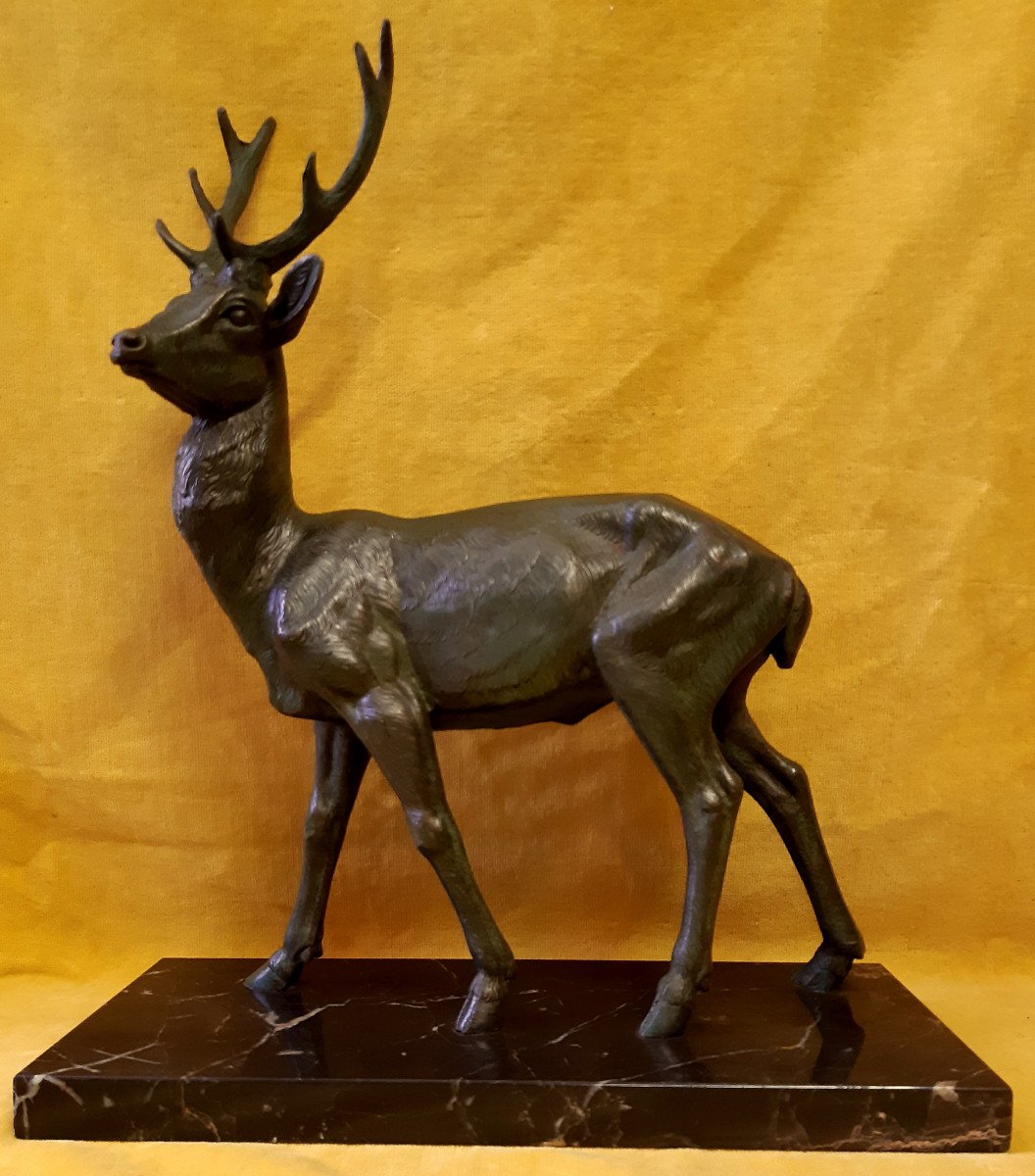  Sculpture Animalière Naturaliste Cerf En Alerte Avec Ses Bois Sur Marbre Année 50