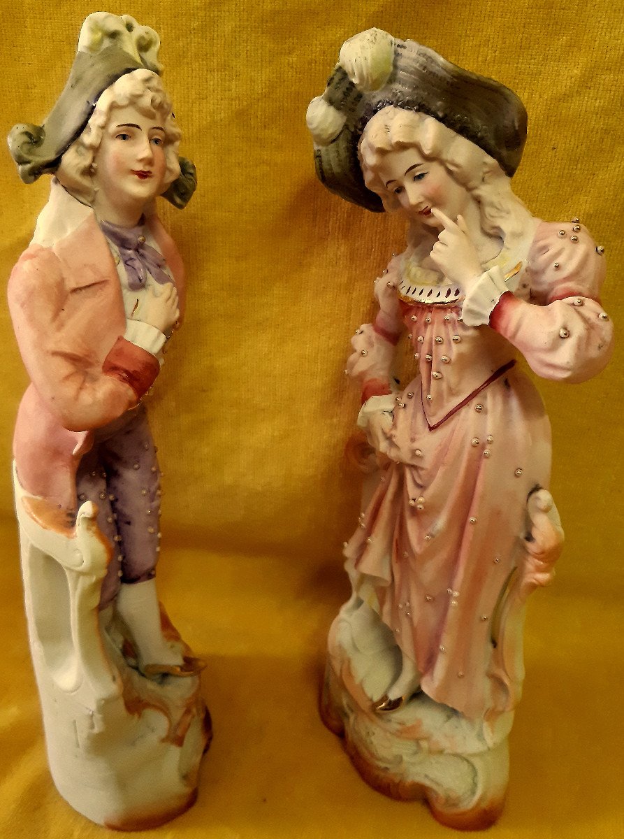 Romantic Couple Marquis Marquise St XVIII Large (28 Cm) Colored And Golden Biscuits 19th-photo-4