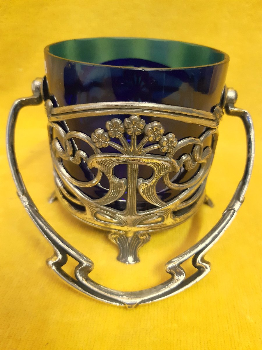 Small Blue Glass Cup With Ansée Frame In Metal Art Nouveau 1900-photo-4