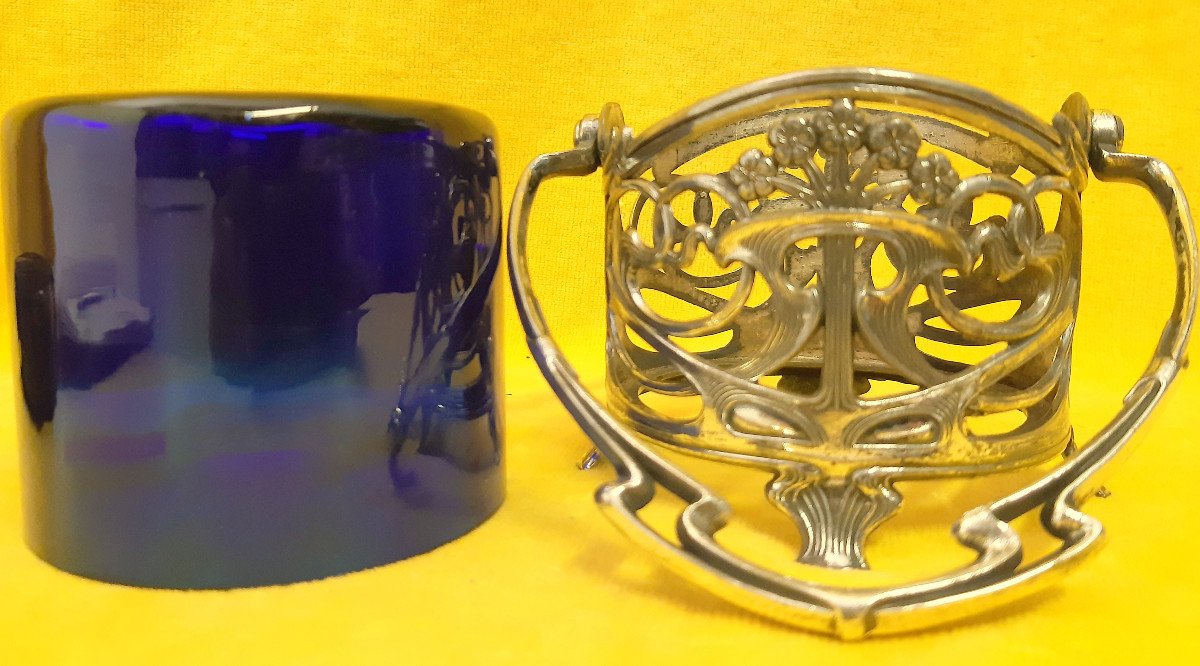 Small Blue Glass Cup With Ansée Frame In Metal Art Nouveau 1900-photo-3