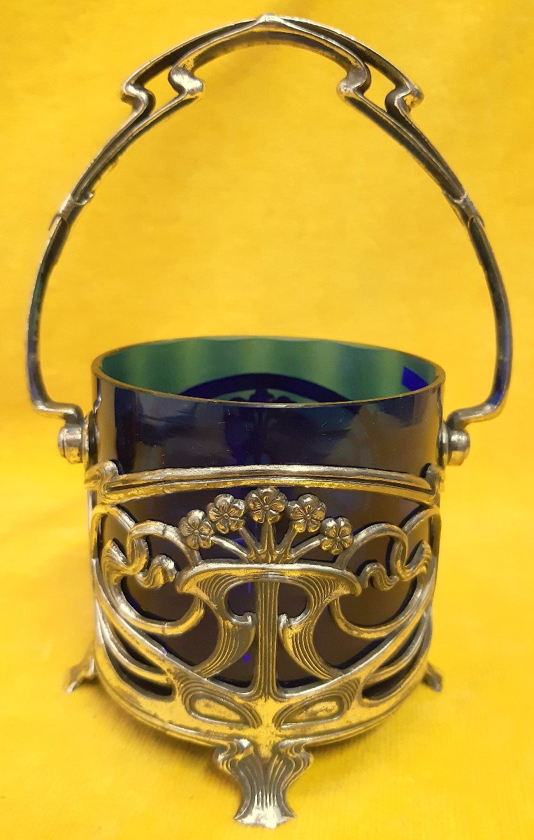 Small Blue Glass Cup With Ansée Frame In Metal Art Nouveau 1900