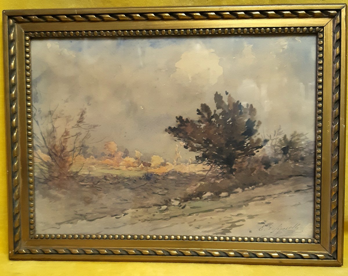 Watercolor Country Landscape Around 1890 By Ernest Designolle (1850-1941)-photo-2