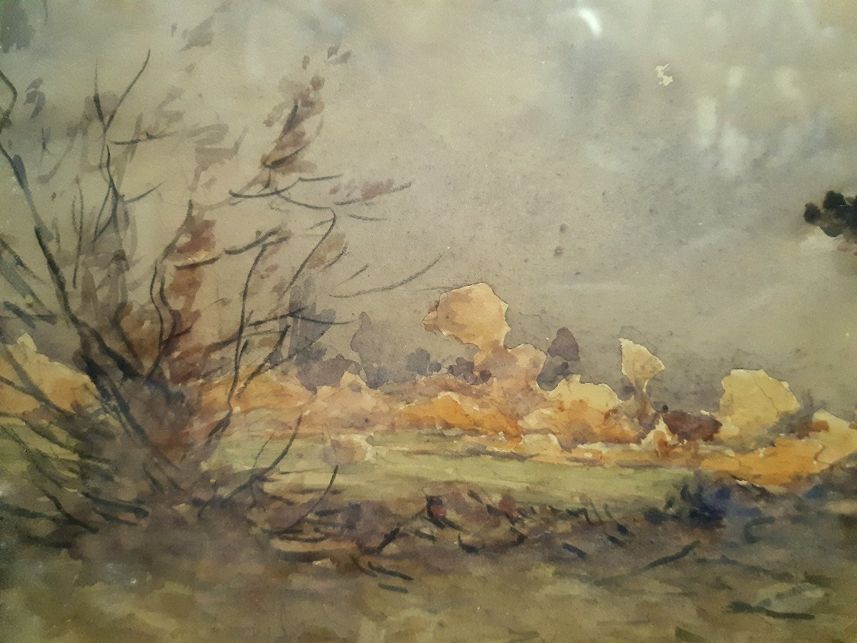 Watercolor Country Landscape Around 1890 By Ernest Designolle (1850-1941)-photo-3