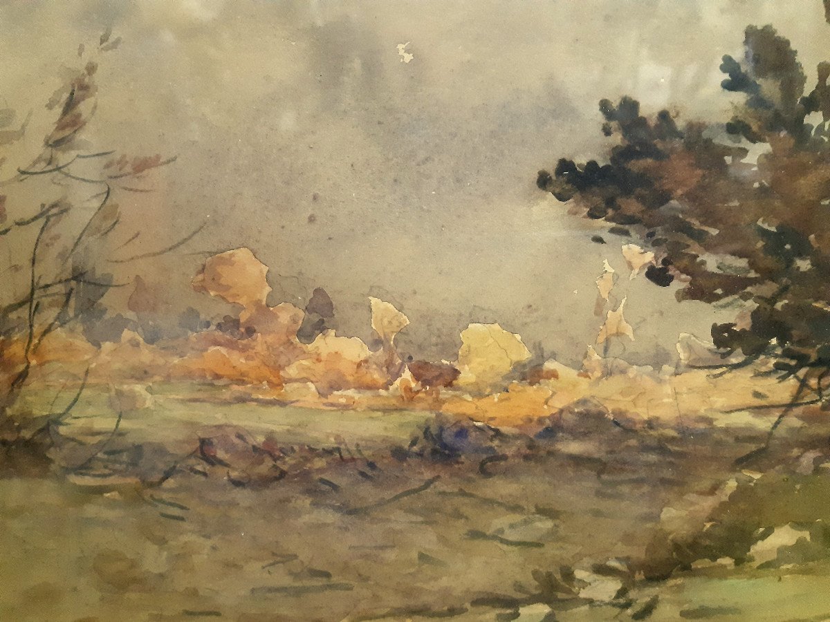 Watercolor Country Landscape Around 1890 By Ernest Designolle (1850-1941)-photo-2