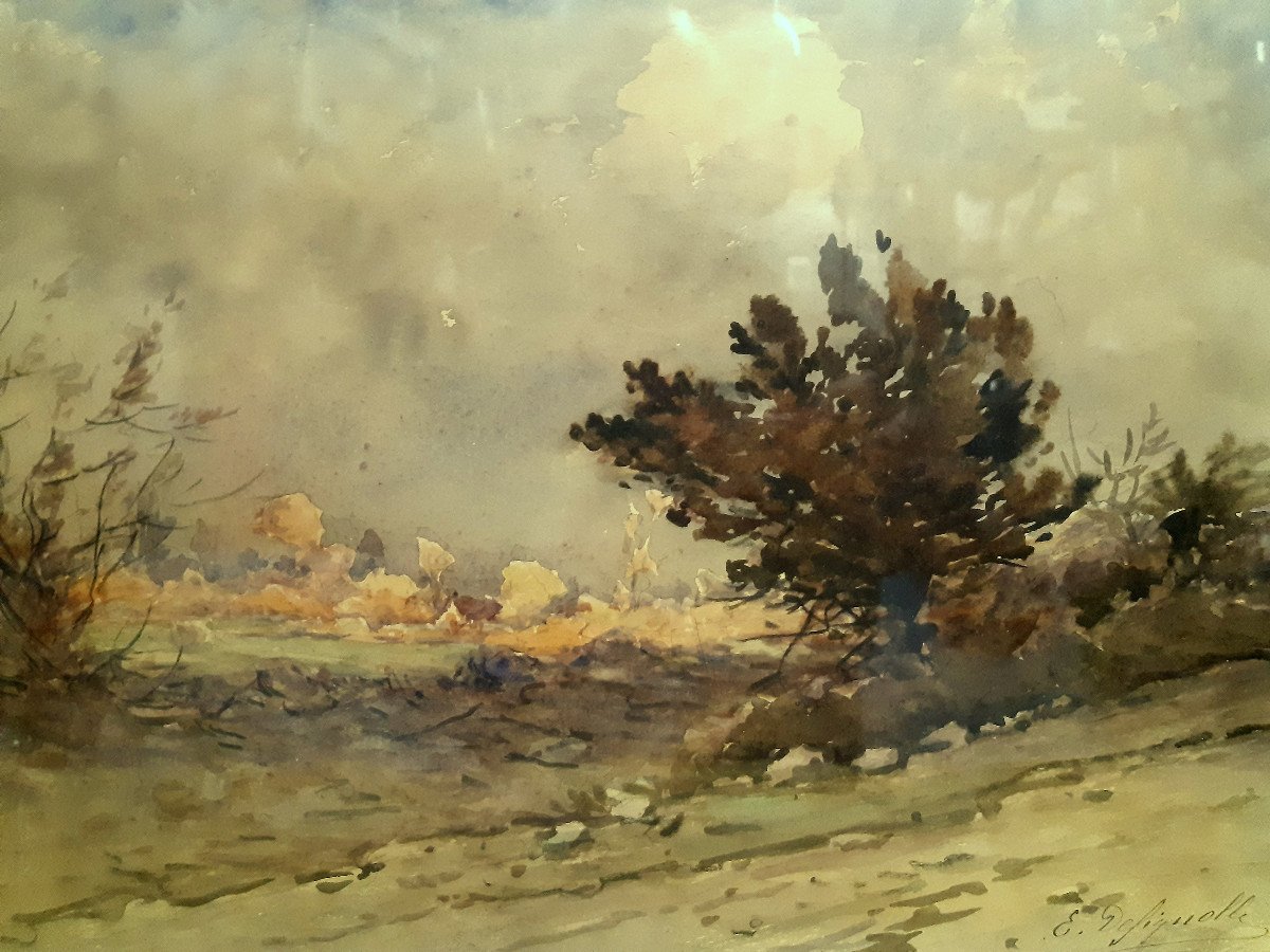 Watercolor Country Landscape Around 1890 By Ernest Designolle (1850-1941)