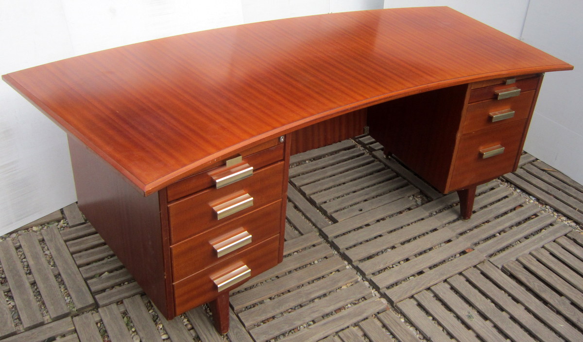 Large Flat Curved Desk (2.12 M) Teak Vintage 70 Removable