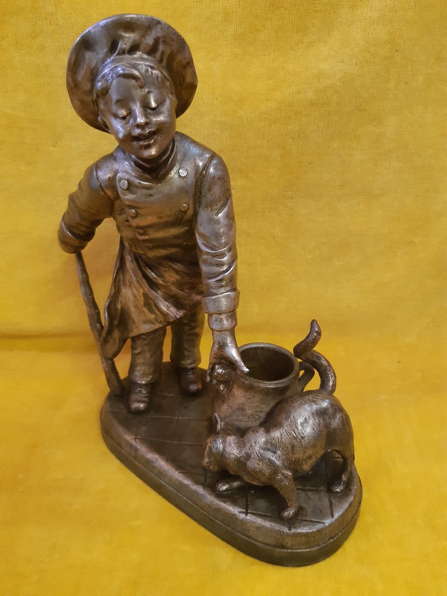 Satyrical Sculpture "little Commis De Cuisine Attracting A Cat ..." By Georges Maxim Circa 1930-photo-4