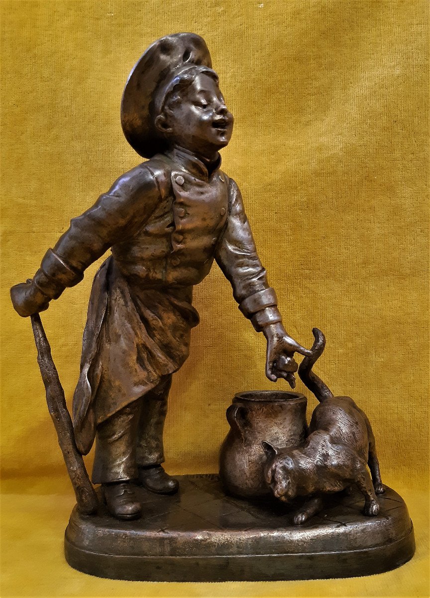 Satyrical Sculpture "little Commis De Cuisine Attracting A Cat ..." By Georges Maxim Circa 1930
